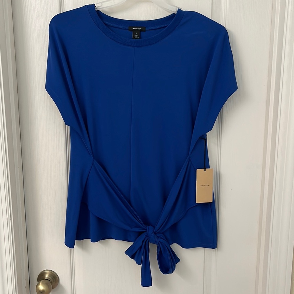 New Halogen L Blue Tie Waist Shirt NWT
